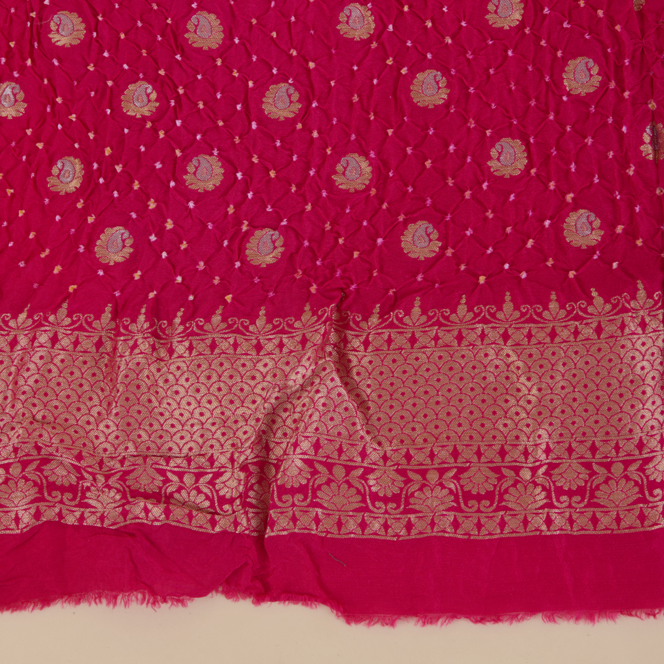 Rani Pink Muga Silk Bandhej Woven Suit with Dupatta