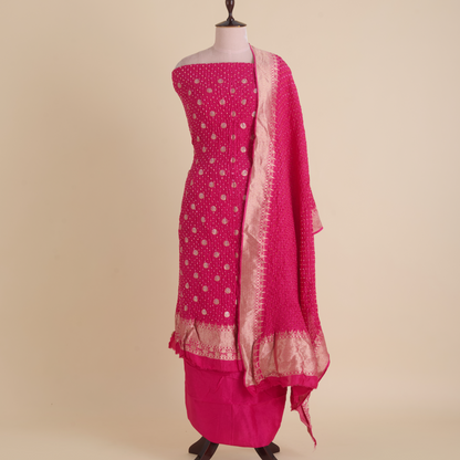 Rani Pink Muga Silk Bandhej Woven Suit with Dupatta