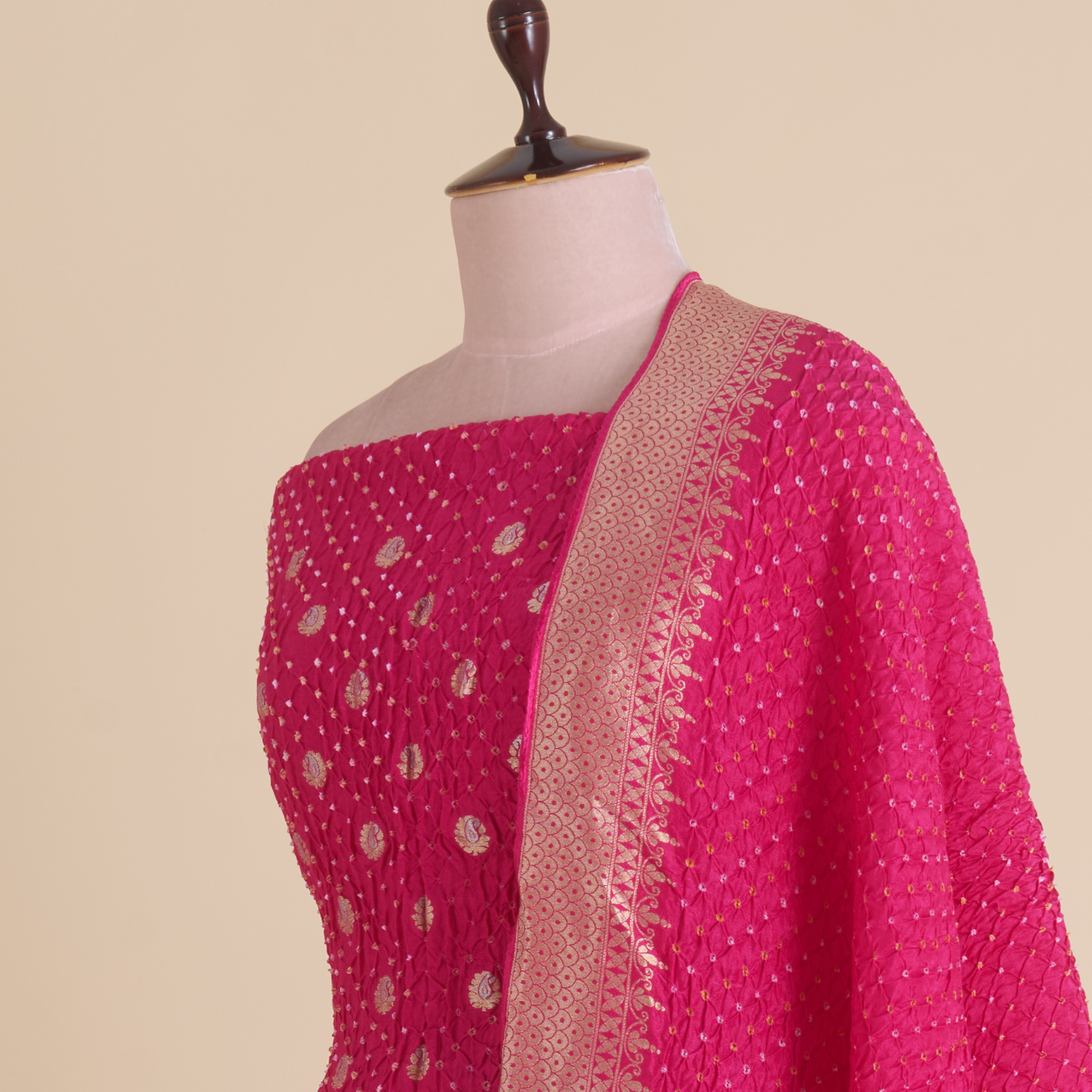 Rani Pink Muga Silk Bandhej Woven Suit with Dupatta