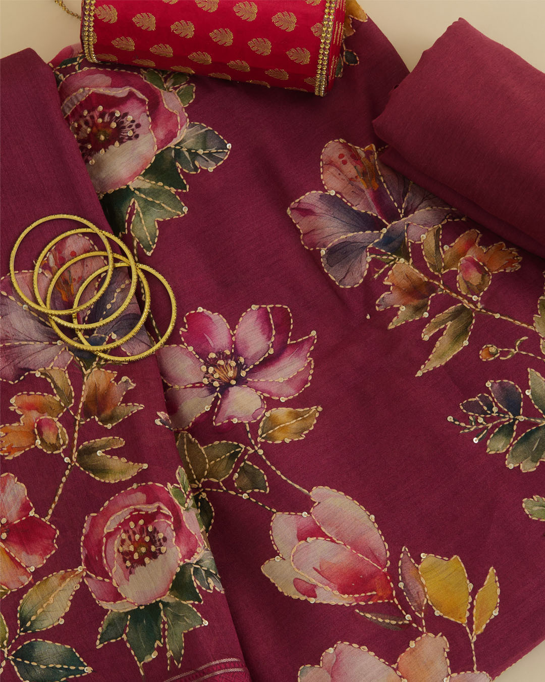Ruby Pink Munga Tussar Digital Printed Kurta Set with Kantha & Sequin Work