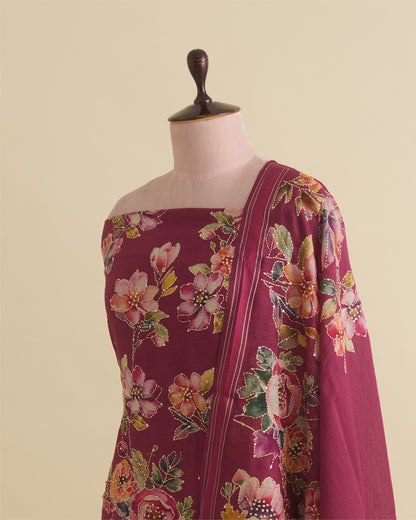 Ruby Pink Munga Tussar Digital Printed Kurta Set with Kantha & Sequin Work