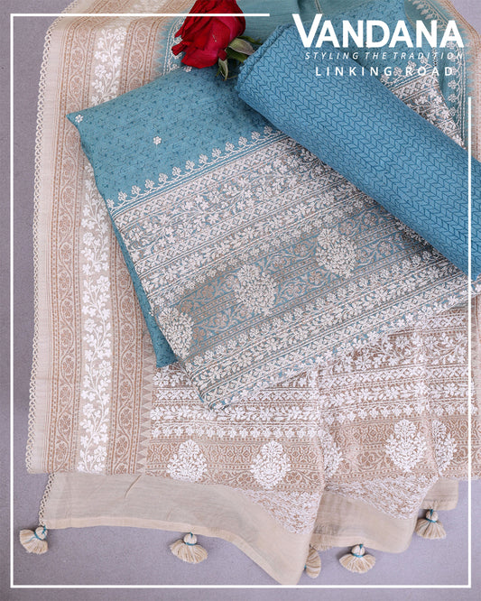 Sea Green Muga Tussar Woven Suit with Resham Embroidery & Dupatta