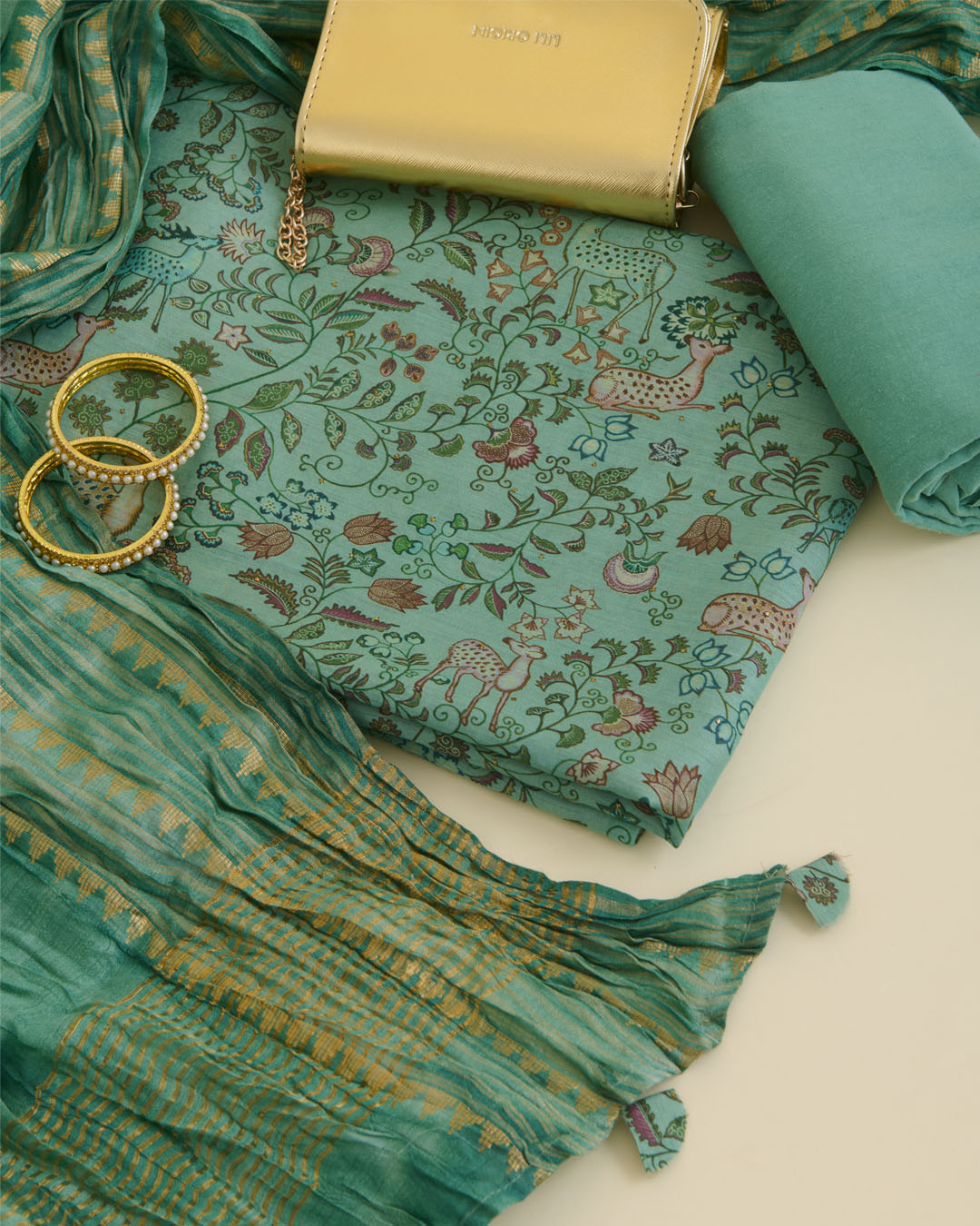 Munga Tussar Digital Printed Kurta Suit Piece Sea Green