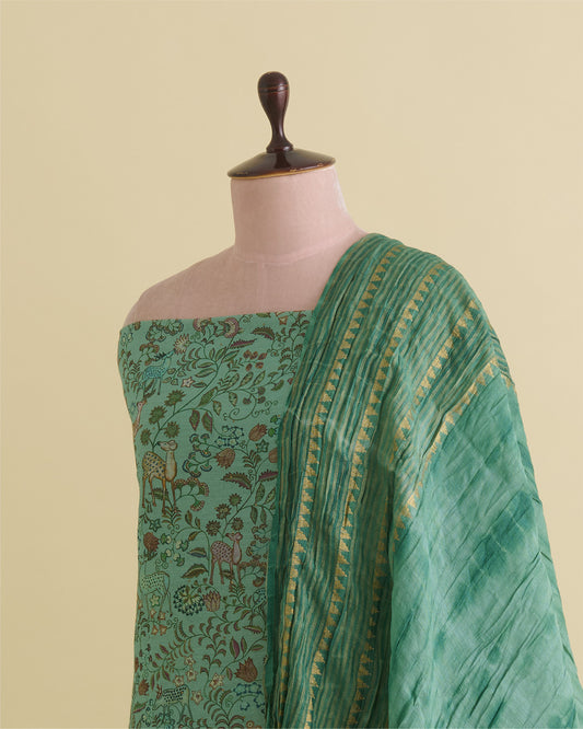 Munga Tussar Digital Printed Kurta Suit Piece Sea Green