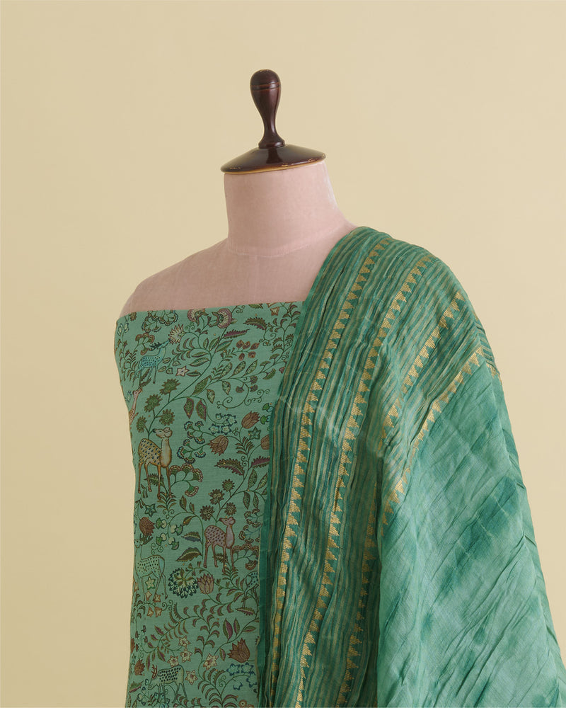 Munga Tussar Digital Printed Kurta Suit Piece Sea Green
