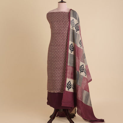 Wine Muga Silk Printed Kurta Set with Chanderi Bottom