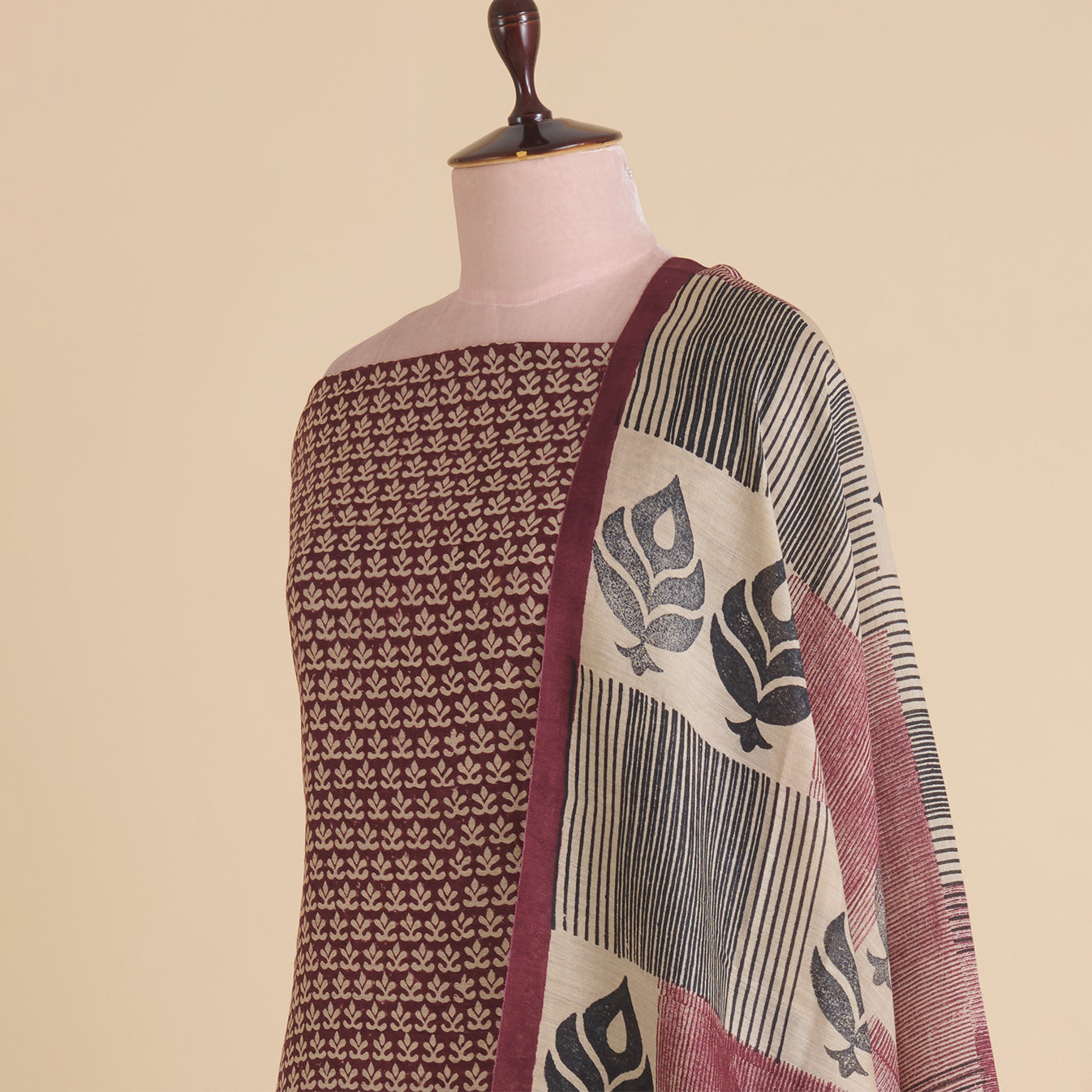 Wine Muga Silk Printed Kurta Set with Chanderi Bottom