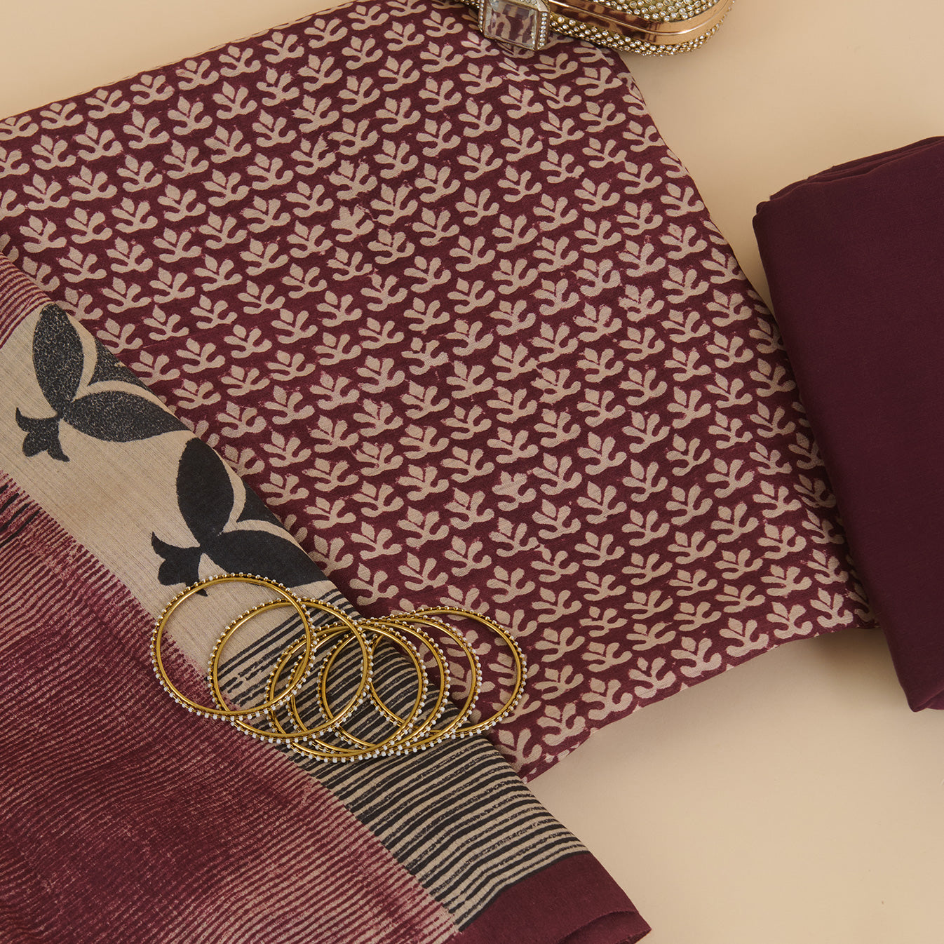 Wine Muga Silk Printed Kurta Set with Chanderi Bottom