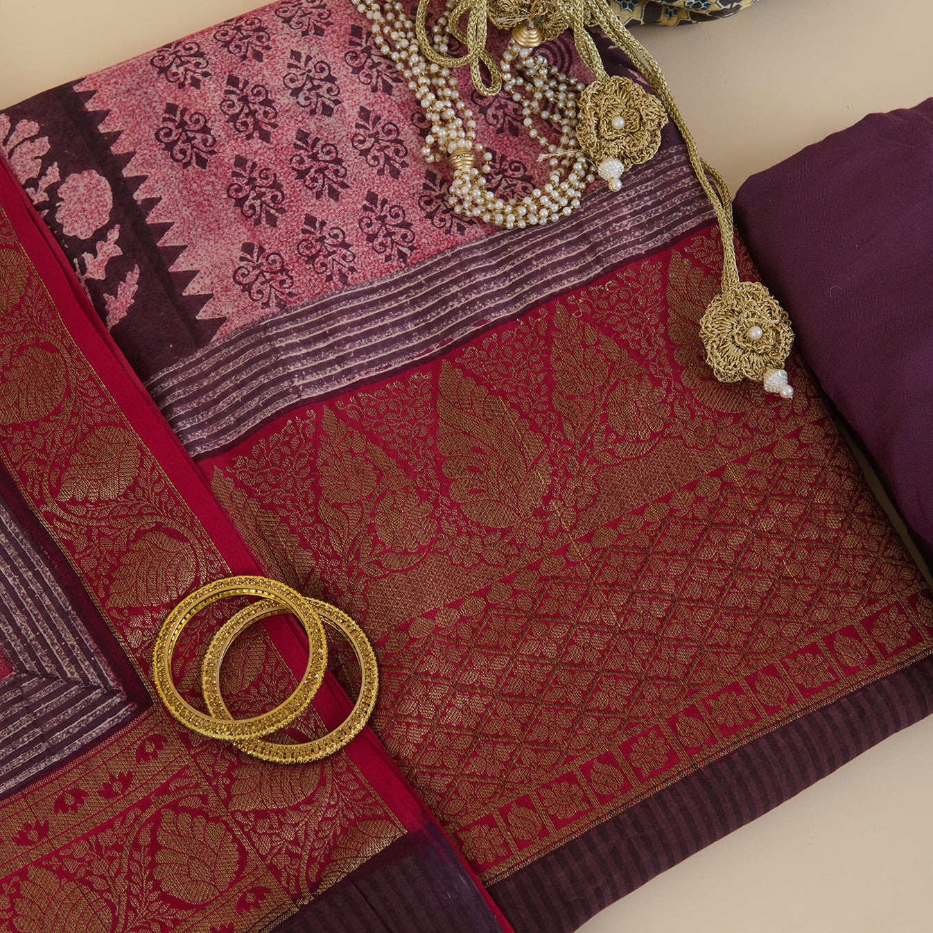 Wine Maheshwari Printed Kurta with Woven Border & Dupatta