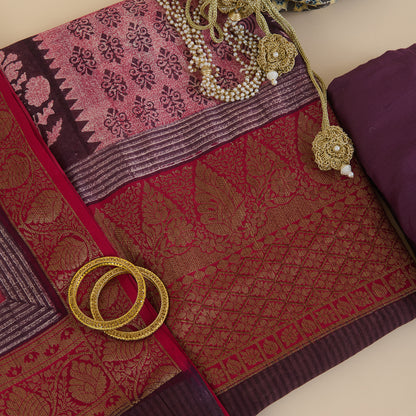 Wine Maheshwari Printed Kurta with Woven Border & Dupatta