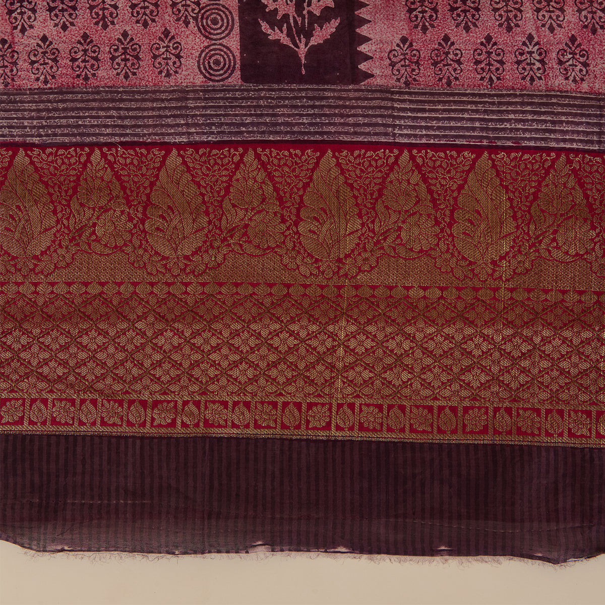 Wine Maheshwari Printed Kurta with Woven Border & Dupatta