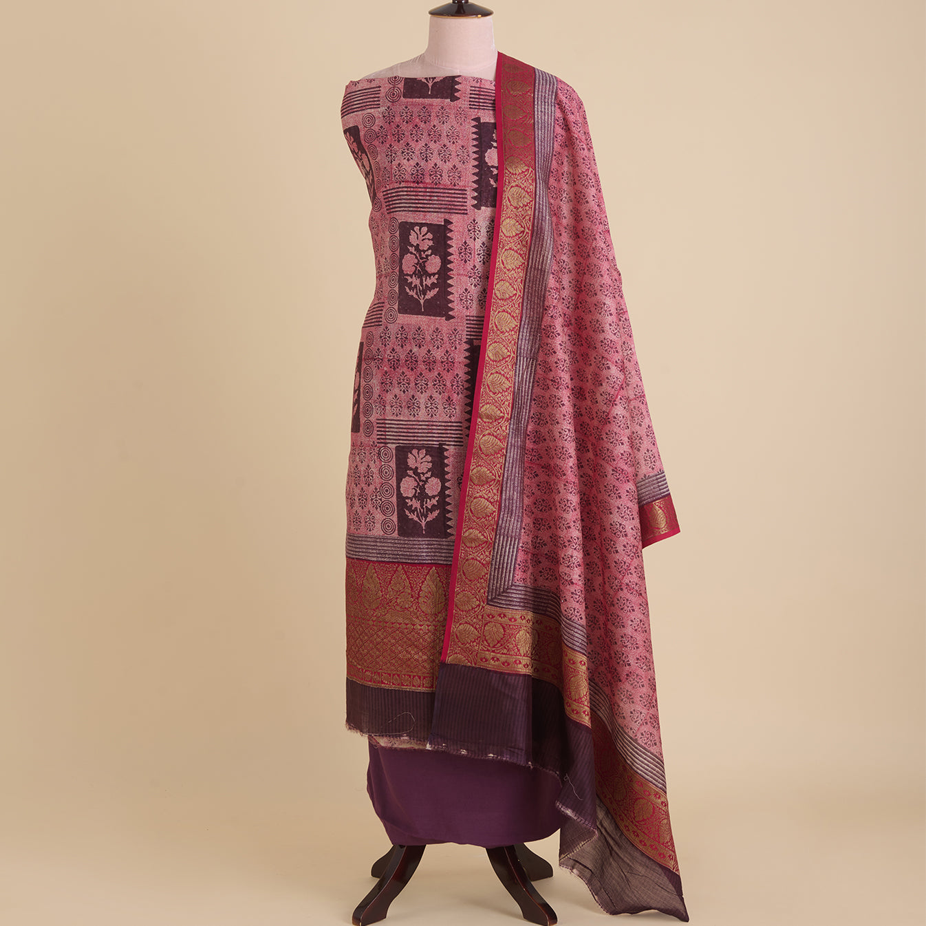 Wine Maheshwari Printed Kurta with Woven Border & Dupatta