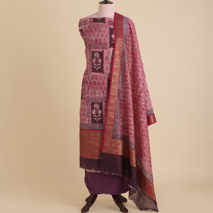 Wine Maheshwari Printed Kurta with Woven Border & Dupatta