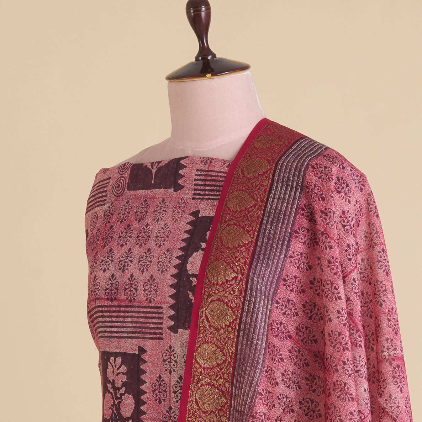 Wine Maheshwari Printed Kurta with Woven Border & Dupatta