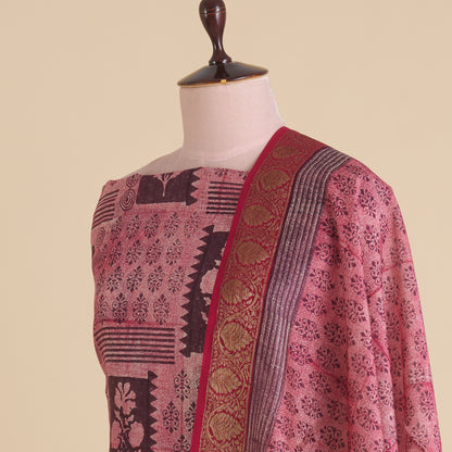 Wine Maheshwari Printed Kurta with Woven Border & Dupatta
