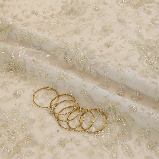 White Net Kasab Zari Sequin Cutdana Motif Embroidery Fabric