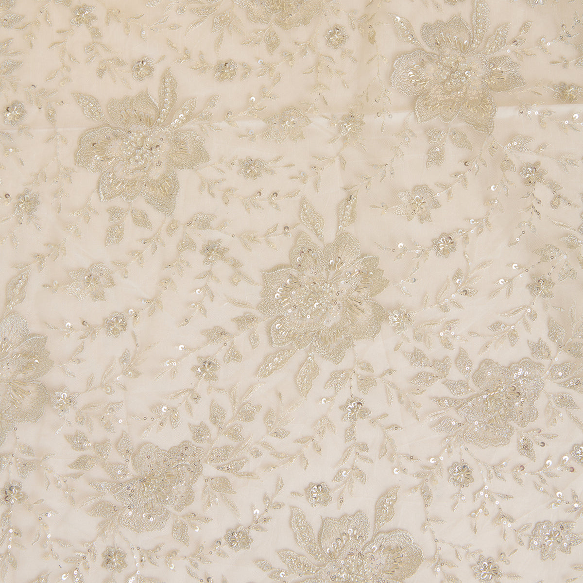 White Net Kasab Zari Sequin Cutdana Motif Embroidery Fabric