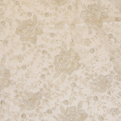 White Net Kasab Zari Sequin Cutdana Motif Embroidery Fabric