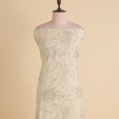 White Net Kasab Zari Sequin Cutdana Motif Embroidery Fabric