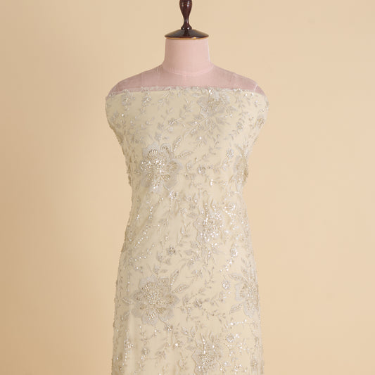 White Net Kasab Zari Sequin Cutdana Motif Embroidery Fabric