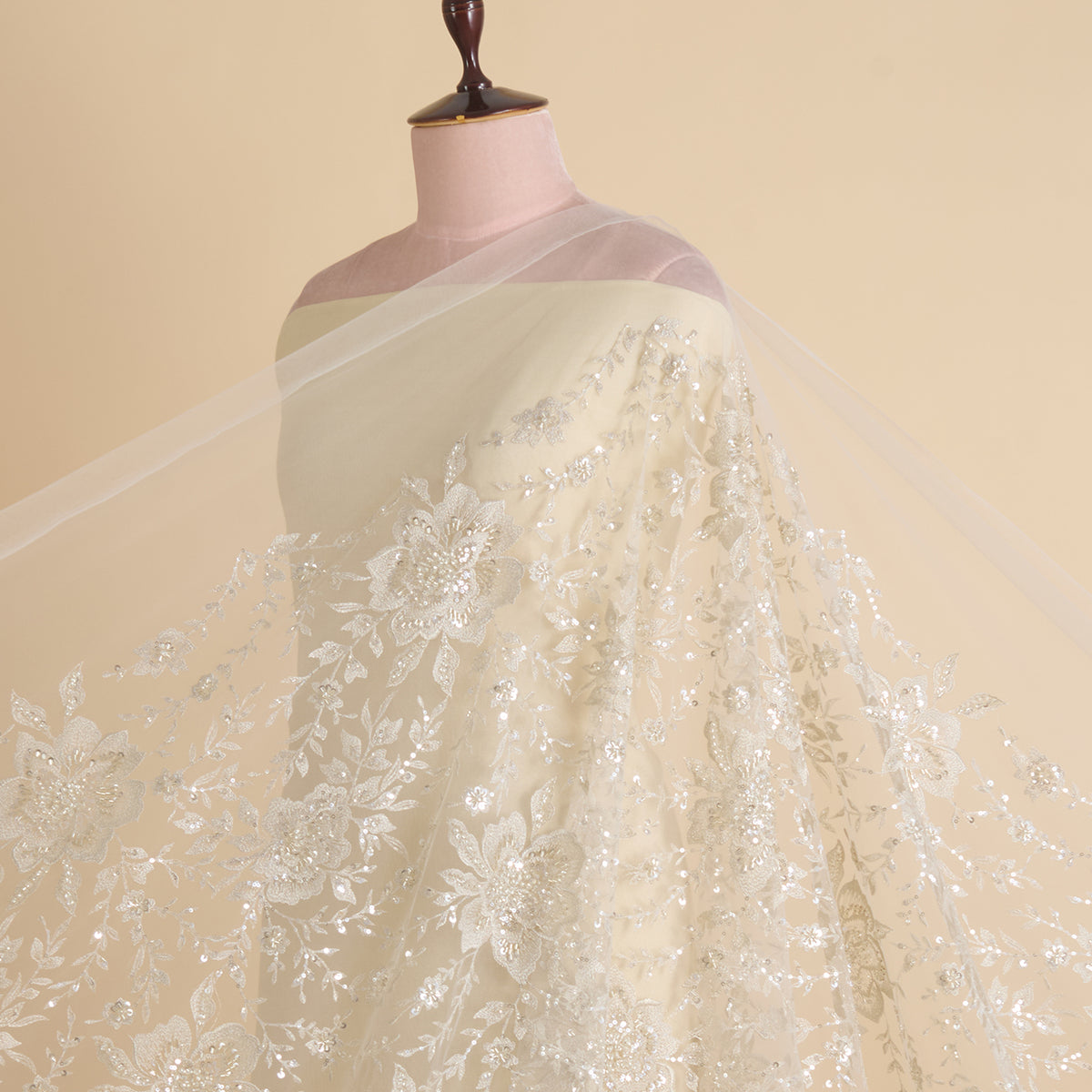 White Net Kasab Zari Sequin Cutdana Motif Embroidery Fabric