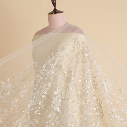 White Net Kasab Zari Sequin Cutdana Motif Embroidery Fabric
