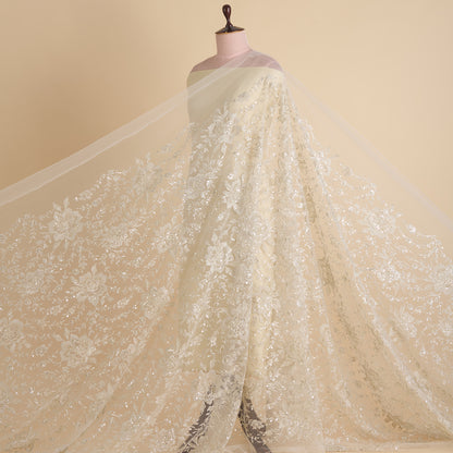 White Net Kasab Zari Sequin Cutdana Motif Embroidery Fabric
