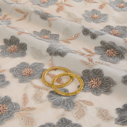 Grey Net Velvet Appliqué Cutdana Sequin Jaal Fabric