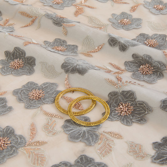 Grey Net Velvet Appliqué Cutdana Sequin Jaal Fabric