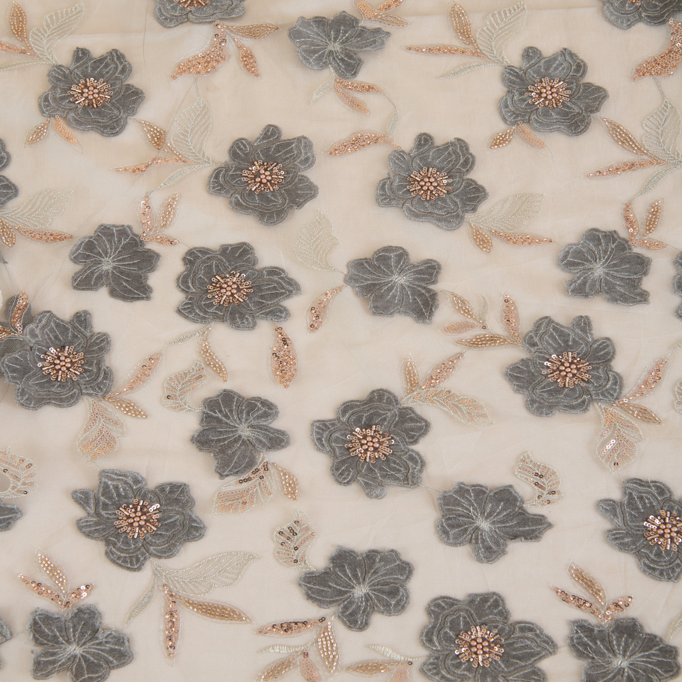 Grey Net Velvet Appliqué Cutdana Sequin Jaal Fabric