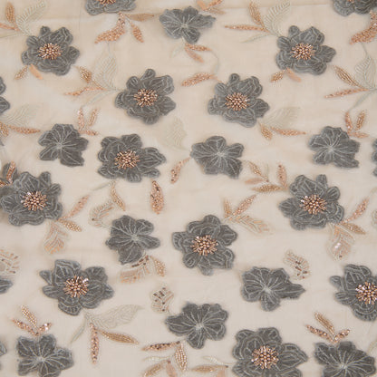 Grey Net Velvet Appliqué Cutdana Sequin Jaal Fabric