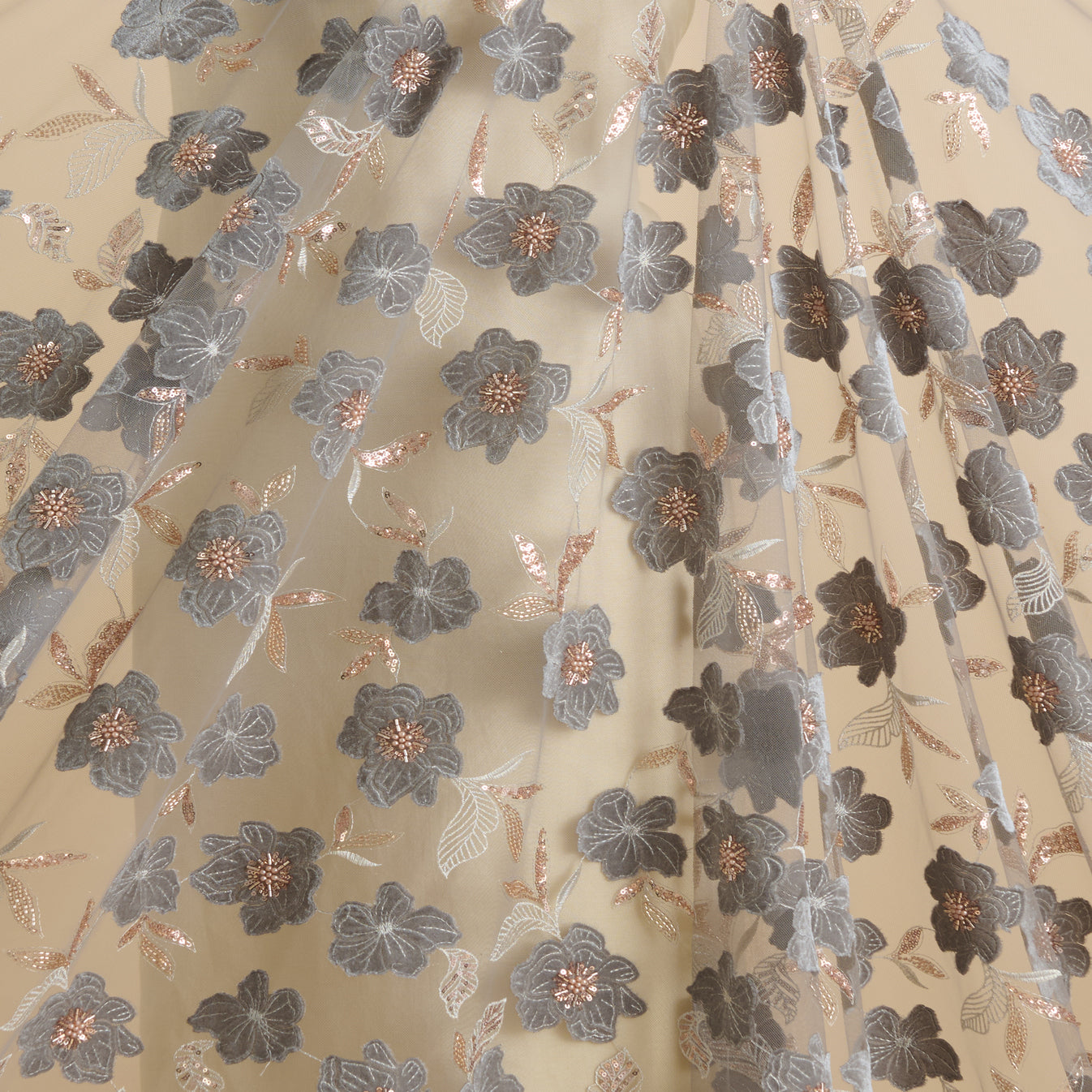Grey Net Velvet Appliqué Cutdana Sequin Jaal Fabric
