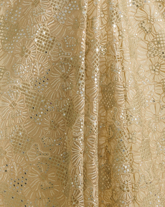 Gold Net Mirror Sequins Cut Work Embroidery Fabric