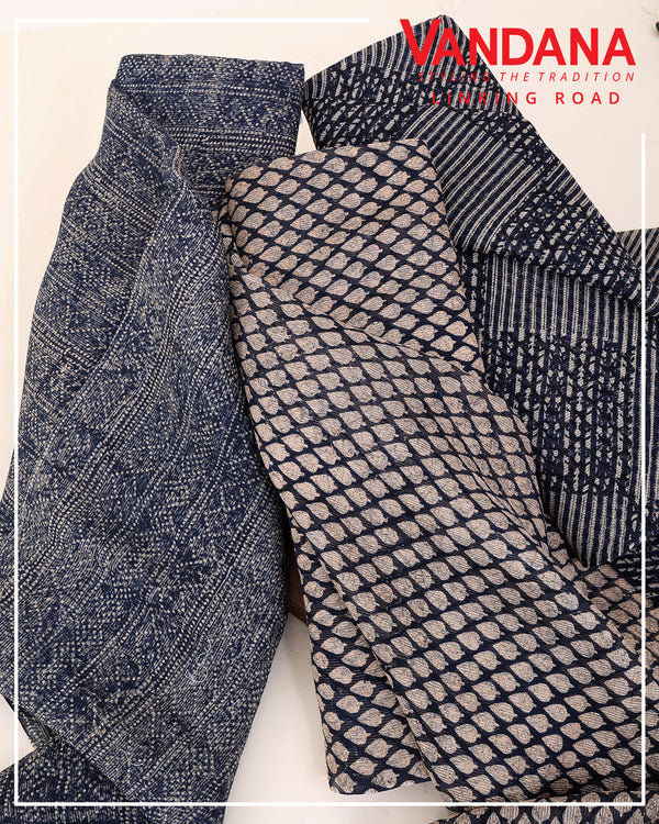 Indigo Blue Beige Noil Organza Printed Buti Fabric