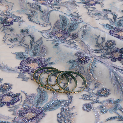 Lilac Blue Net Cutdana Sequin Zari Thread Embroidery Jaal Fabric