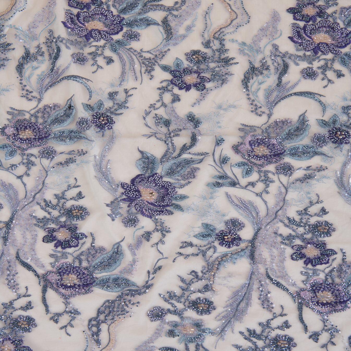 Lilac Blue Net Cutdana Sequin Zari Thread Embroidery Jaal Fabric