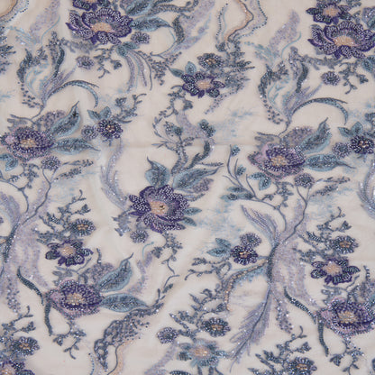 Lilac Blue Net Cutdana Sequin Zari Thread Embroidery Jaal Fabric