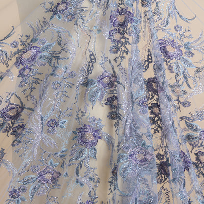 Lilac Blue Net Cutdana Sequin Zari Thread Embroidery Jaal Fabric