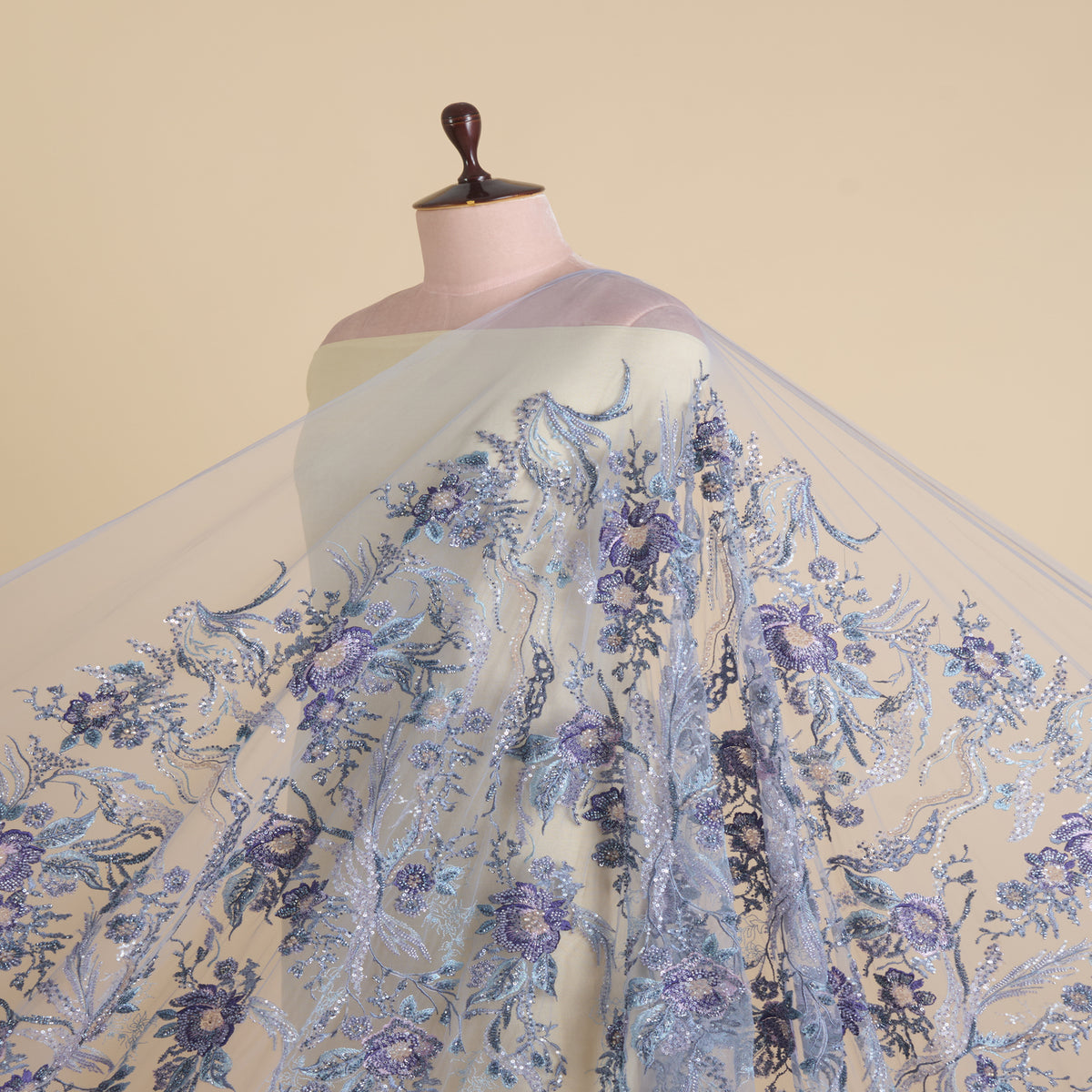 Lilac Blue Net Cutdana Sequin Zari Thread Embroidery Jaal Fabric
