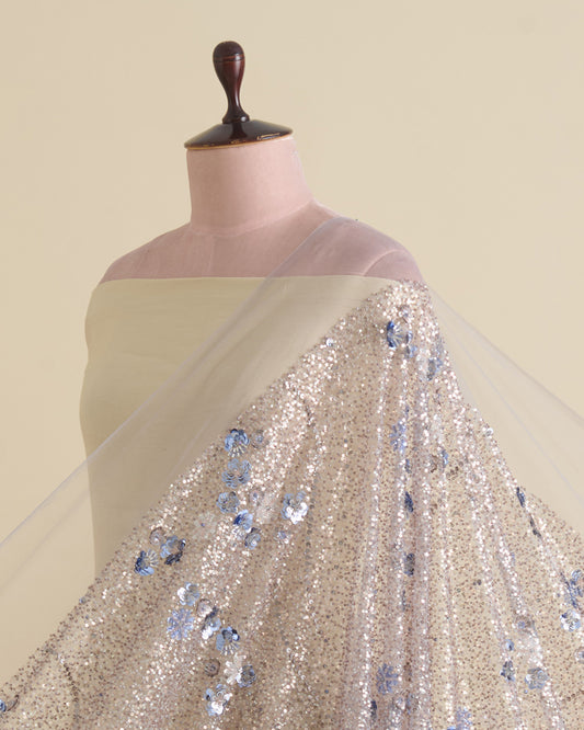 Lilac Matt Net Sequins Fabric with 3D Floral Embroidery