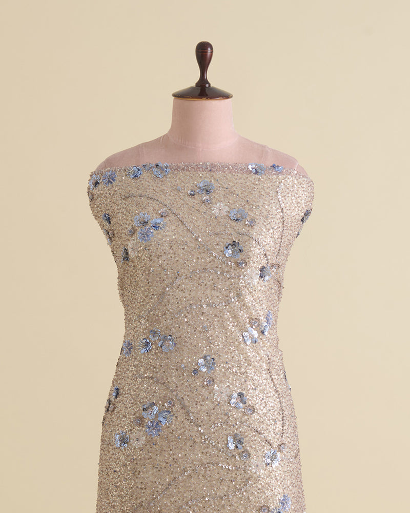 Lilac Matt Net Sequins Fabric with 3D Floral Embroidery