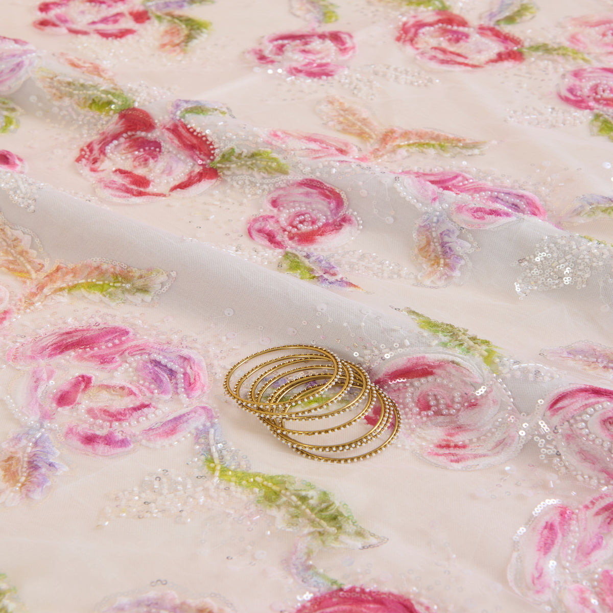 Multicolor Net Frill Multi Flower with Pearl & Sequin Embroidery Fabric