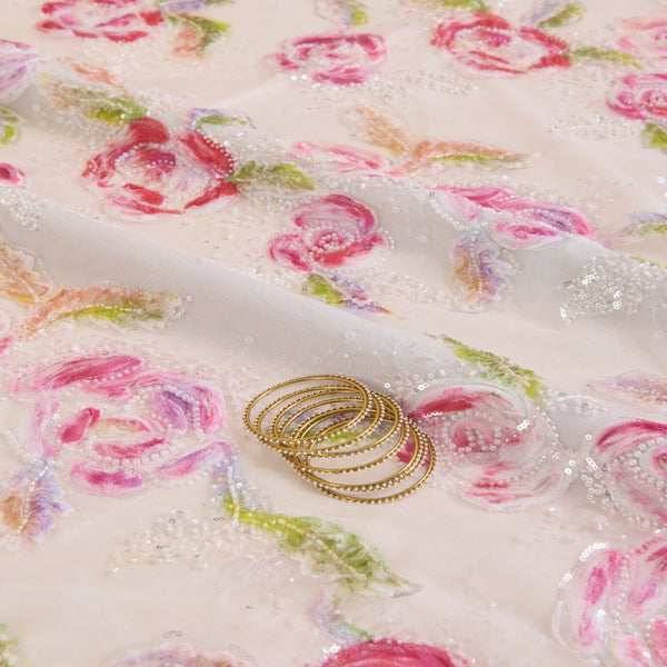 Multicolor Net Frill Multi Flower with Pearl & Sequin Embroidery Fabric