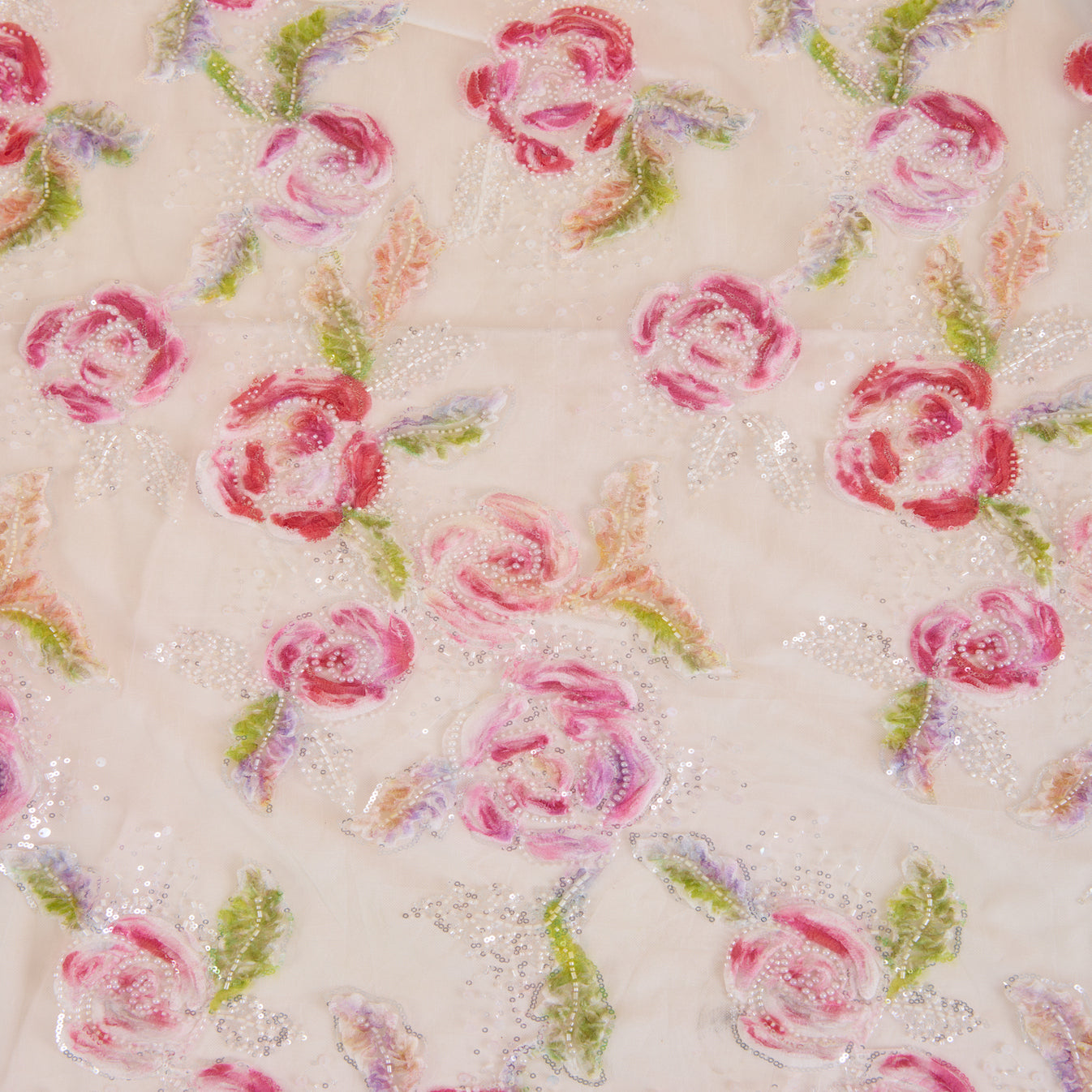 Multicolor Net Frill Multi Flower with Pearl & Sequin Embroidery Fabric