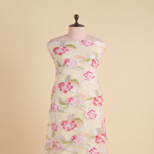 Multicolor Net Frill Multi Flower with Pearl & Sequin Embroidery Fabric