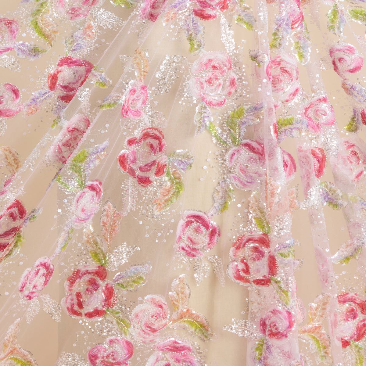 Multicolor Net Frill Multi Flower with Pearl & Sequin Embroidery Fabric