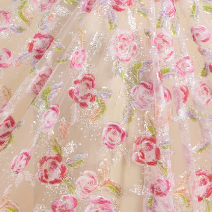 Multicolor Net Frill Multi Flower with Pearl & Sequin Embroidery Fabric