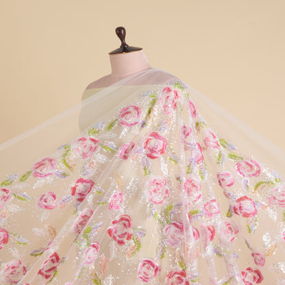Multicolor Net Frill Multi Flower with Pearl & Sequin Embroidery Fabric