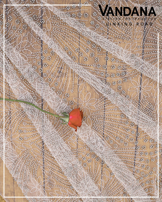 Peach Net Cutdana Pearl Jaal Embroidery Fabric