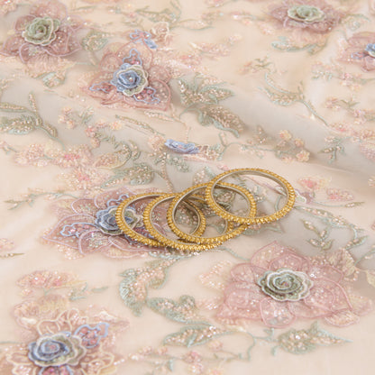 Peach Net Cutdana Pearl Resham 3D Embroidery Jaal Fabric